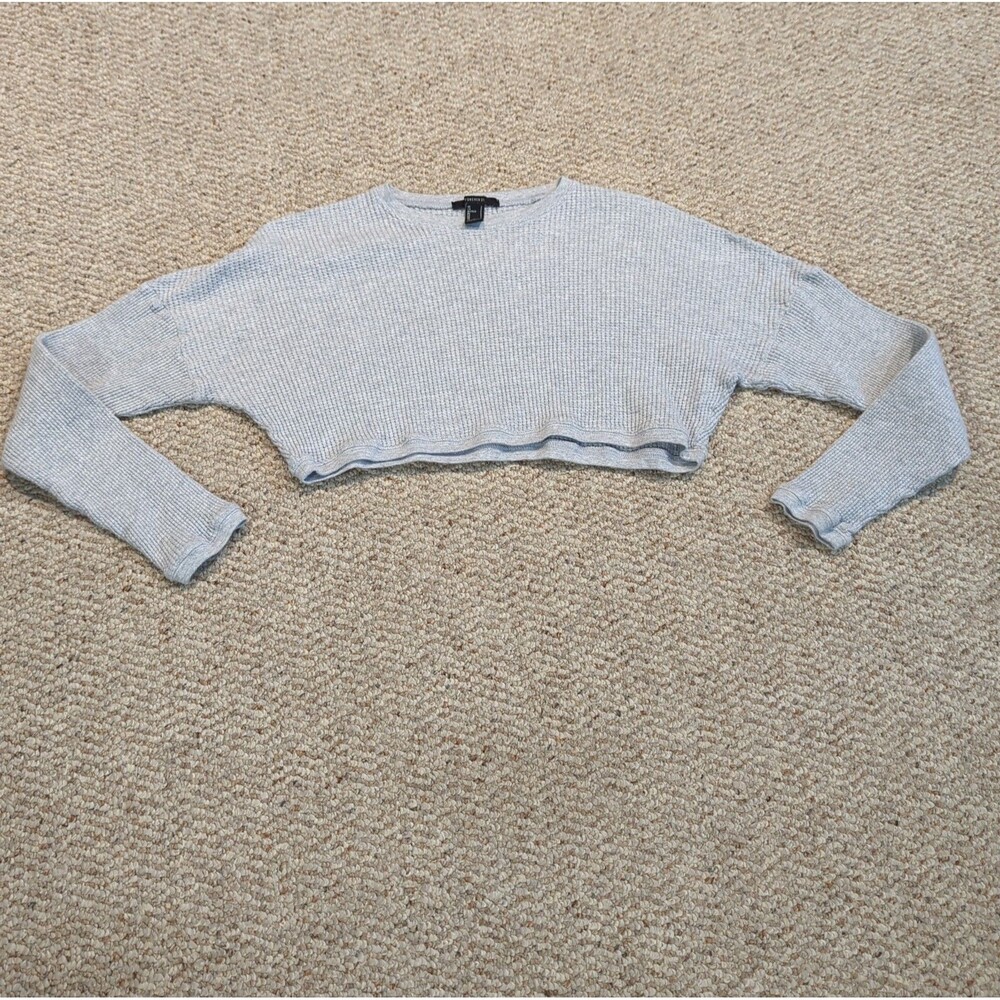 Forever 21 Cropped Thermal Waffle Top Shirt Womens Small Gray Lounge Casual
